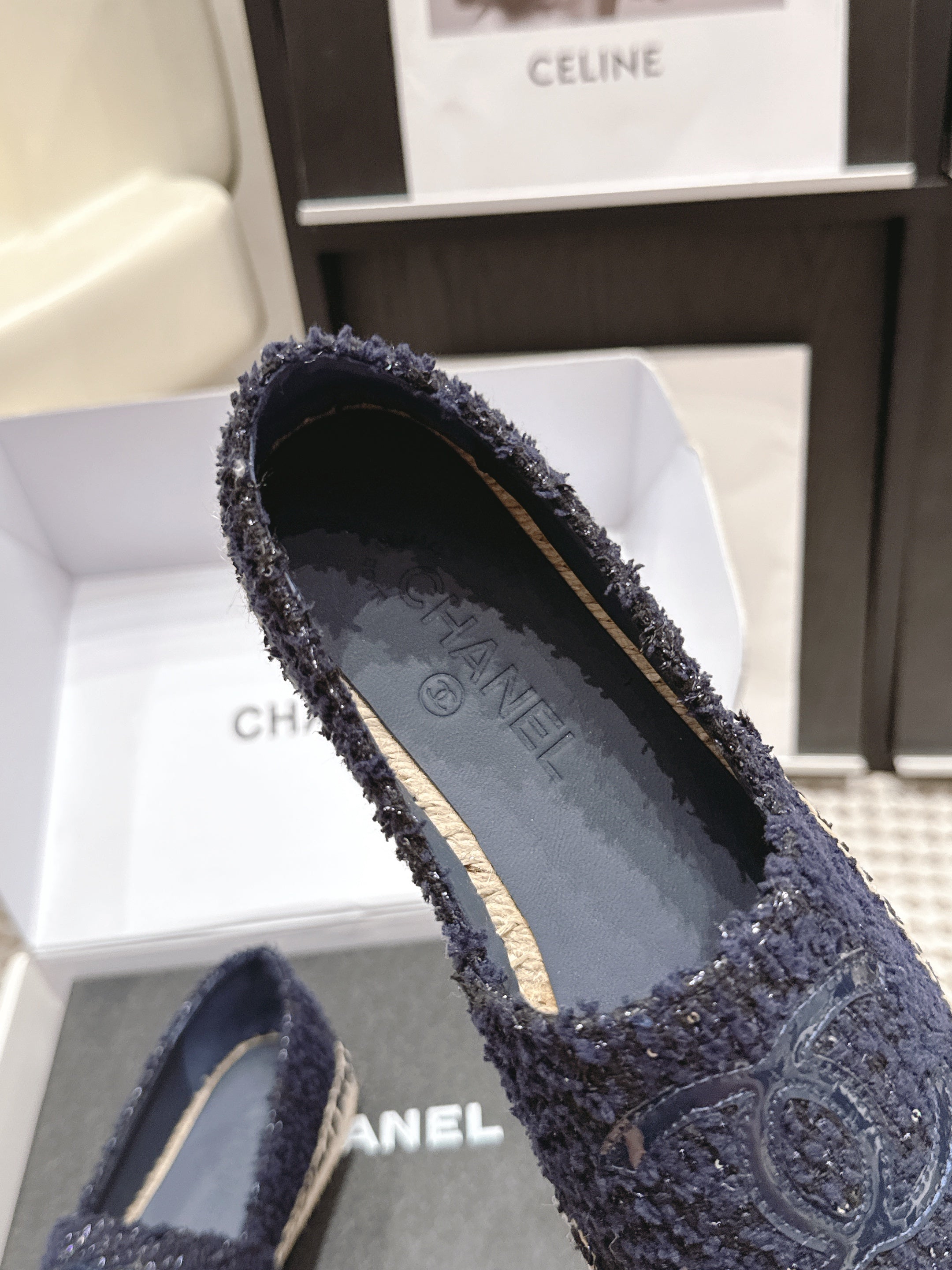CHANEL 26S SLIP ONS IN NAVY BLUE TWEED AND PATENT CALFSKIN