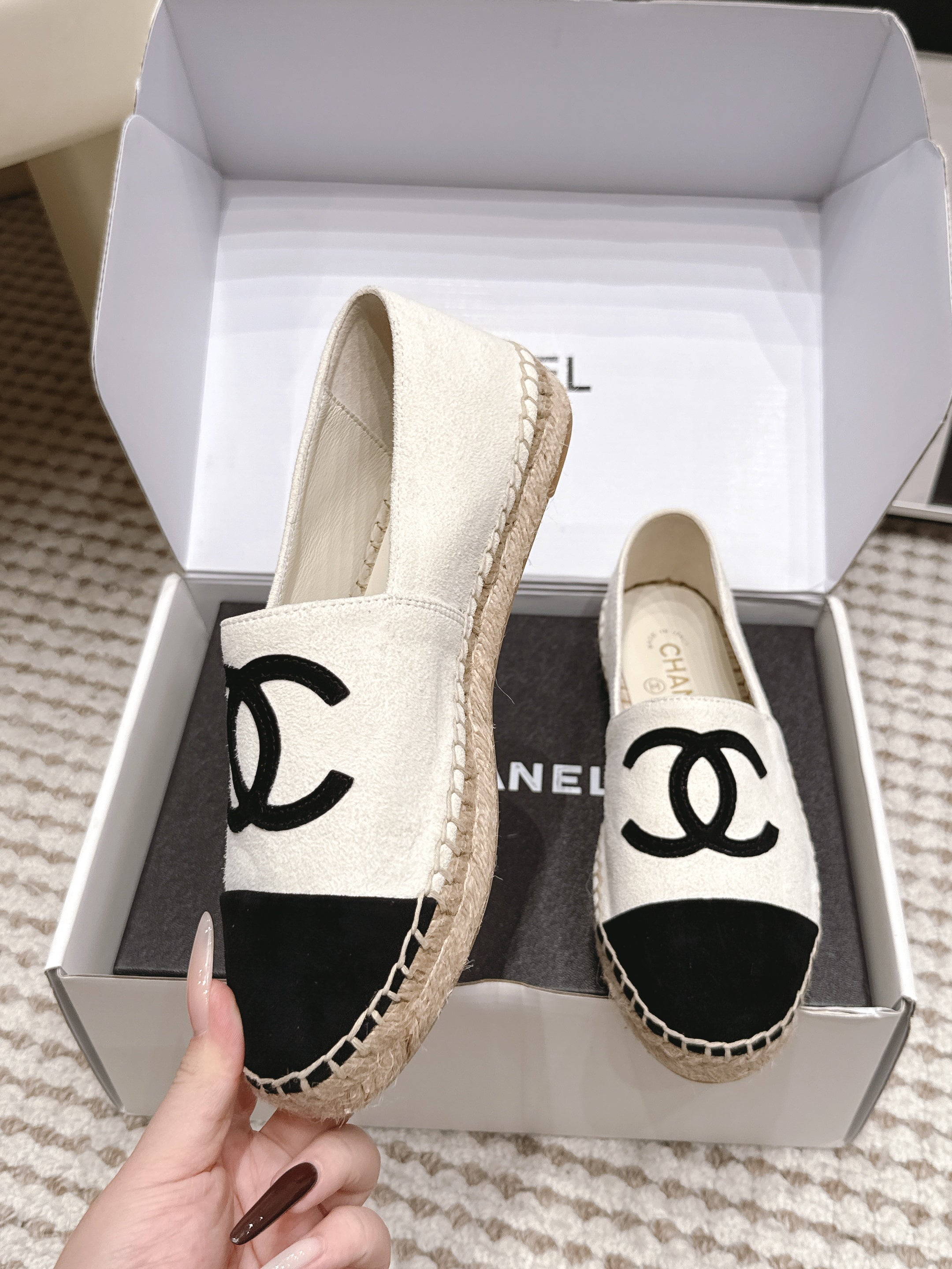 CHANEL 26S ESPADRILLE SLIP-ONS IN WHITE MIX BLACK SUEDE