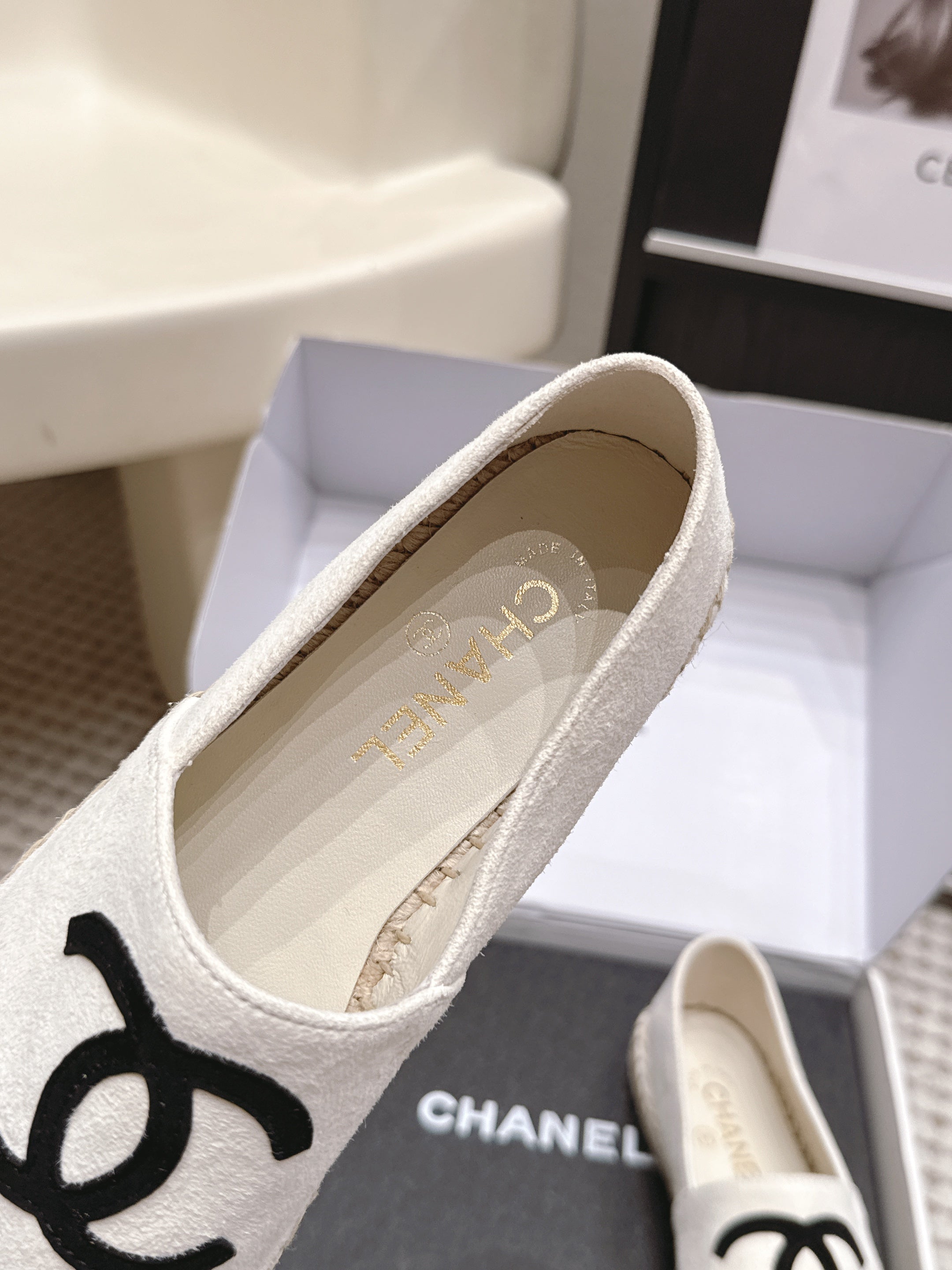 CHANEL 26S ESPADRILLE SLIP-ONS IN WHITE MIX BLACK SUEDE