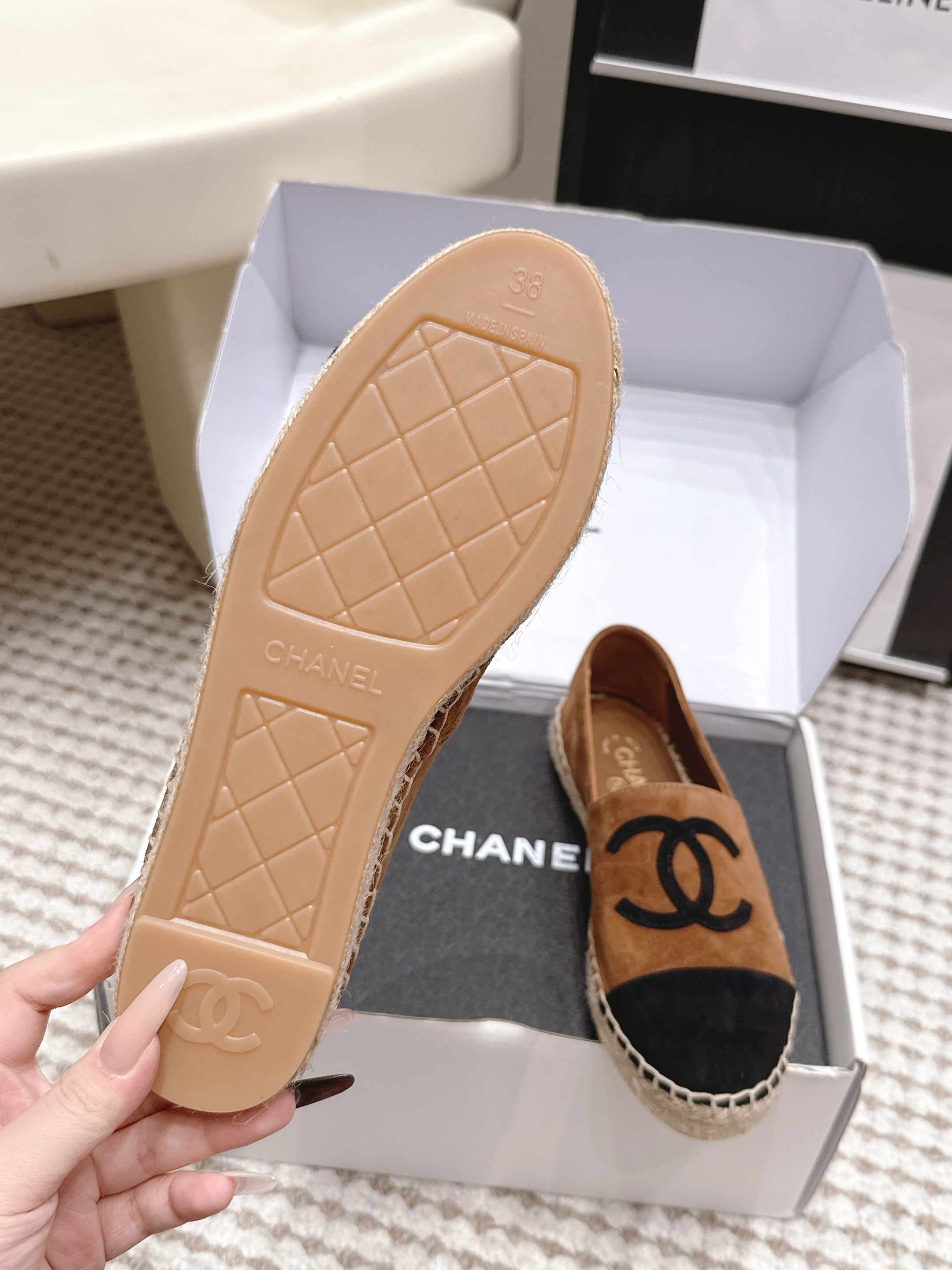 CHANEL 26S ESPADRILLE SLIP-ONS IN BROWN MIX BLACK SUEDE
