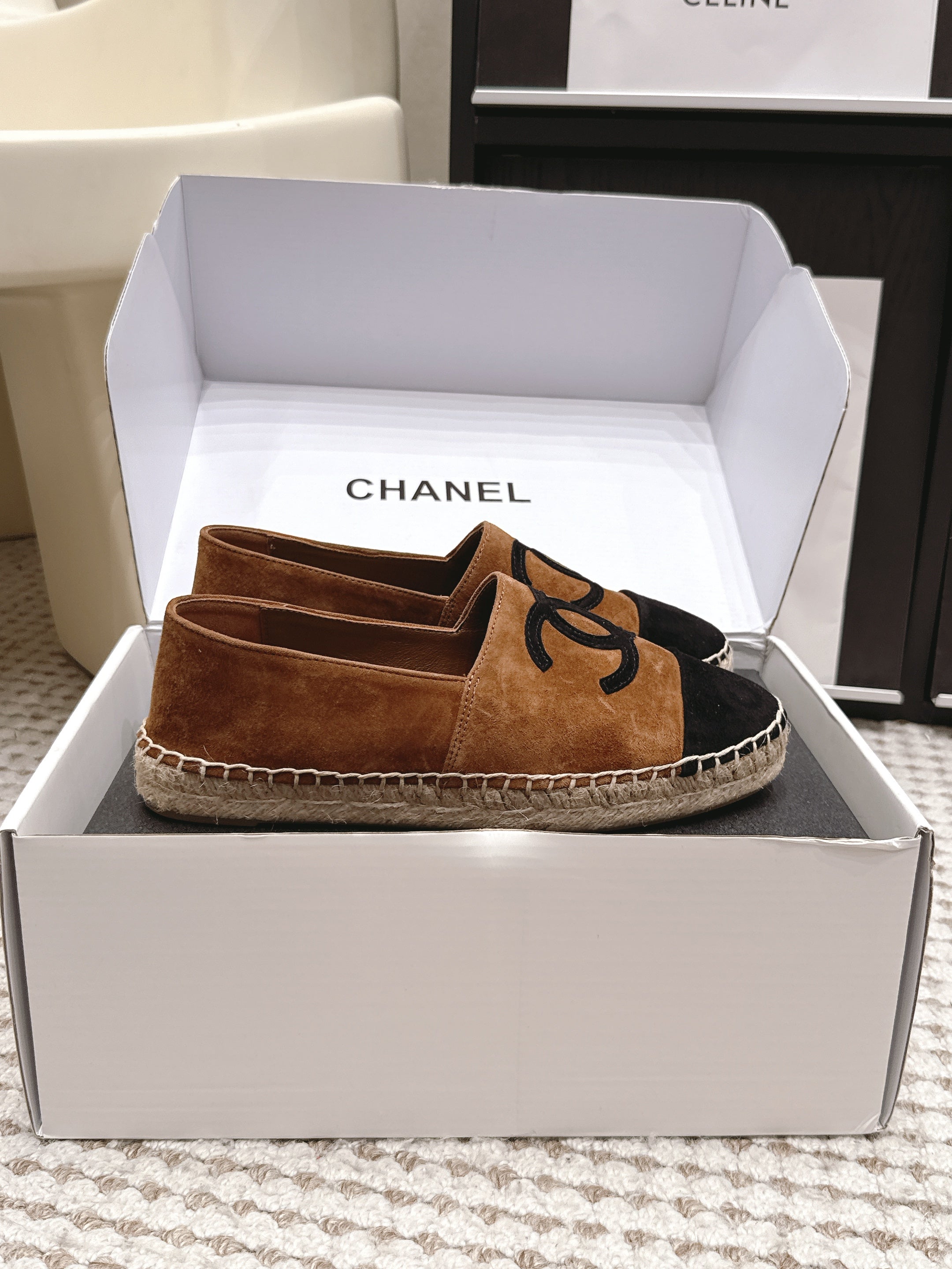 CHANEL 26S ESPADRILLE SLIP-ONS IN BROWN MIX BLACK SUEDE