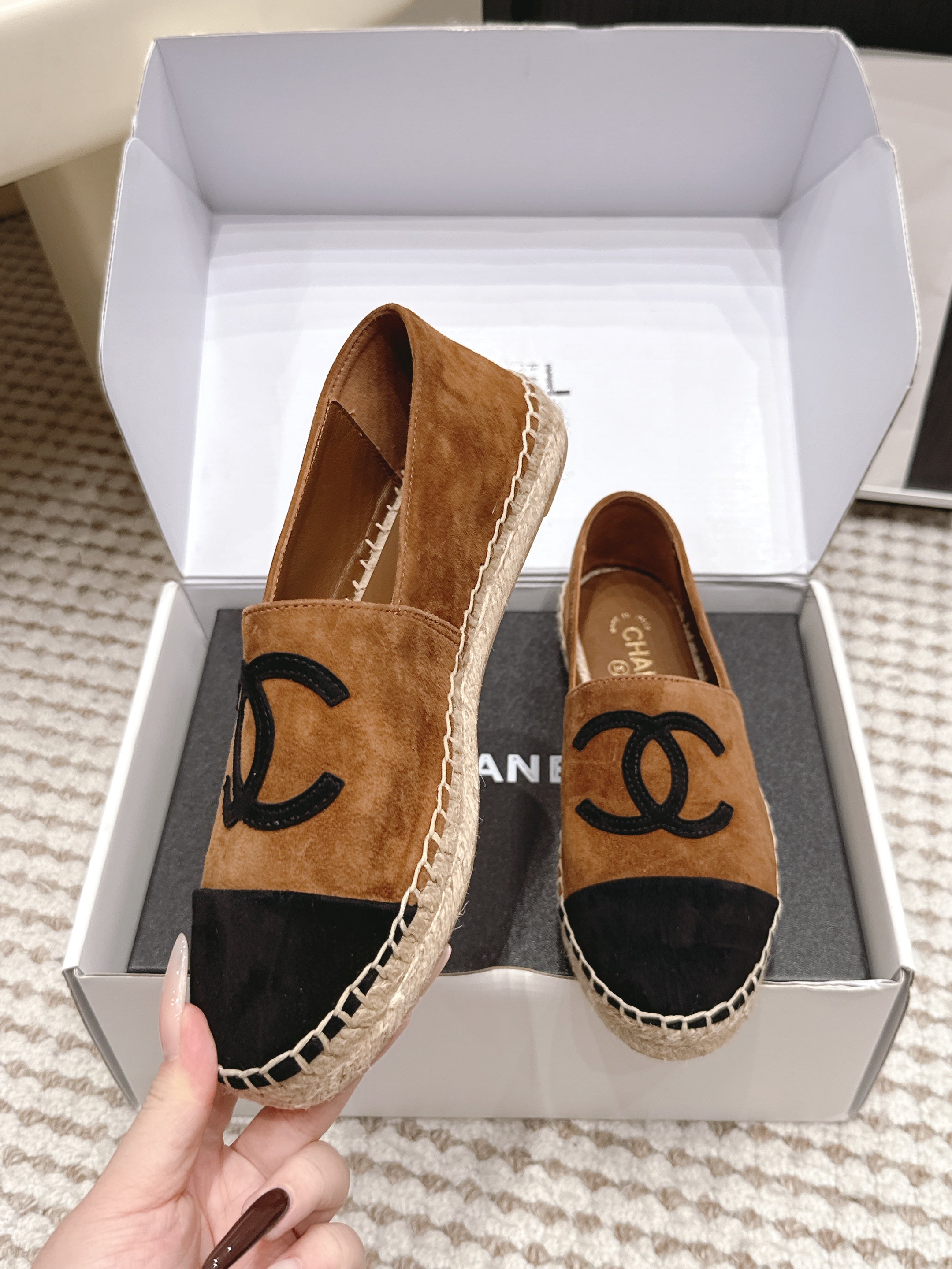 CHANEL 26S ESPADRILLE SLIP-ONS IN BROWN MIX BLACK SUEDE