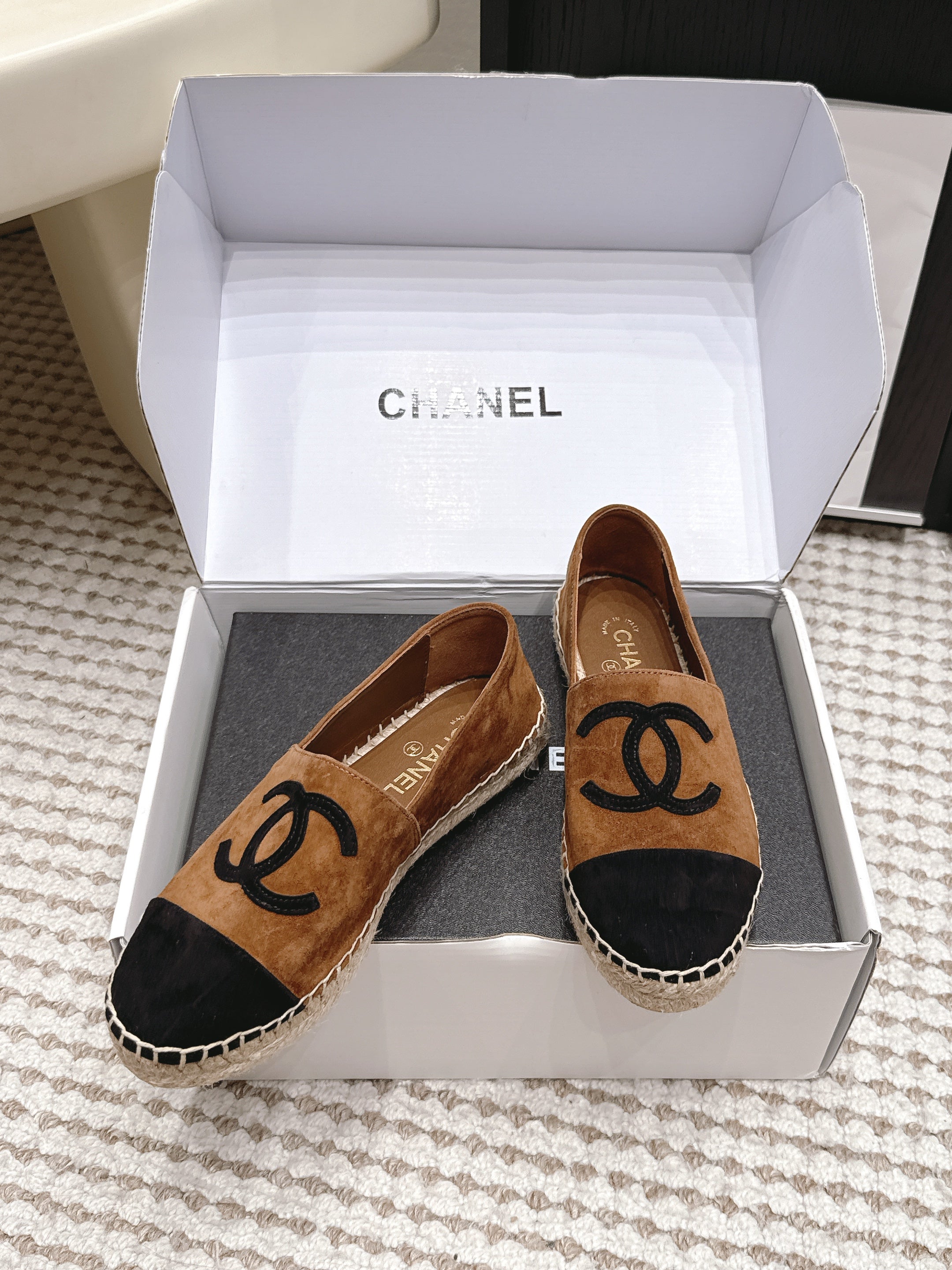 CHANEL 26S ESPADRILLE SLIP-ONS IN BROWN MIX BLACK SUEDE