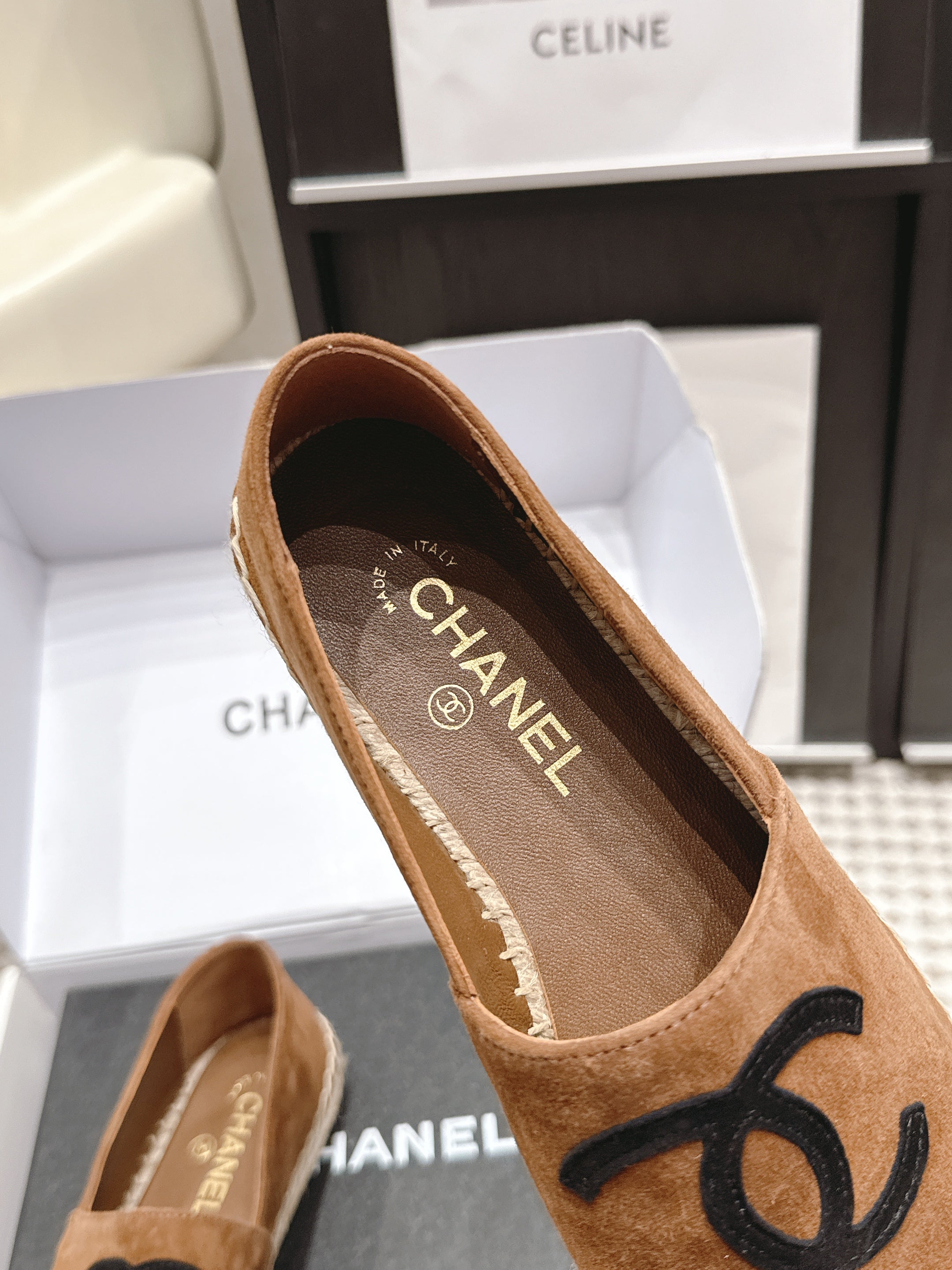 CHANEL 26S ESPADRILLE SLIP-ONS IN BROWN MIX BLACK SUEDE