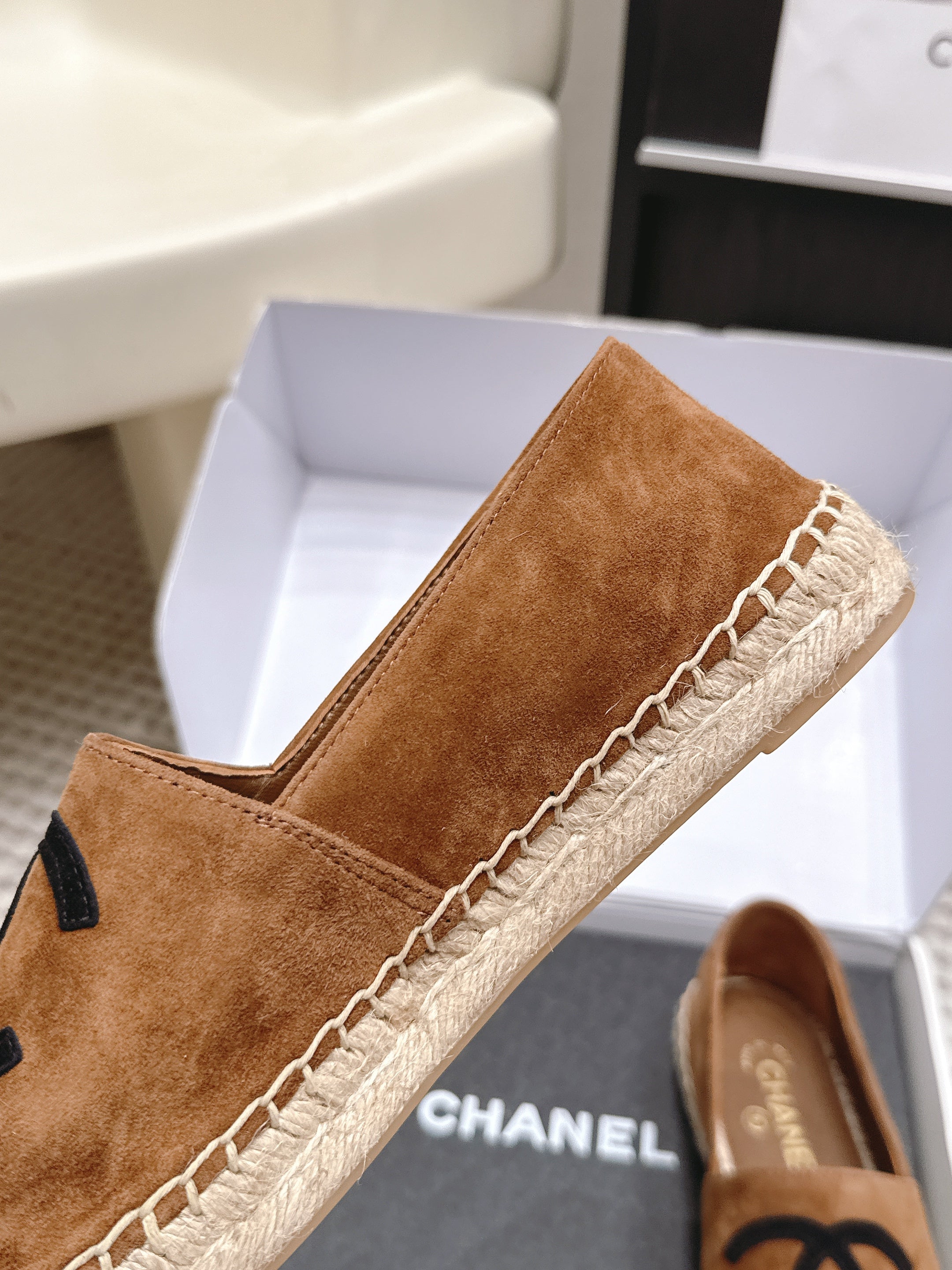 CHANEL 26S ESPADRILLE SLIP-ONS IN BROWN MIX BLACK SUEDE