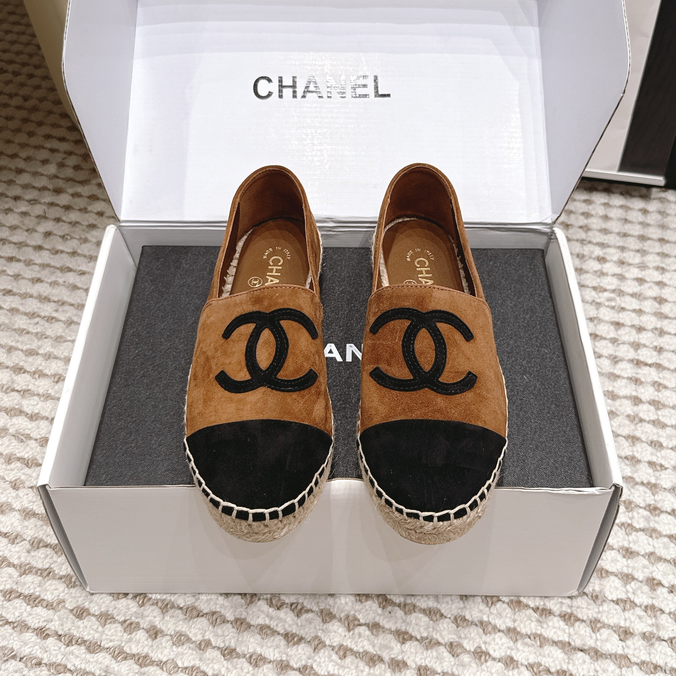 CHANEL 26S ESPADRILLE SLIP-ONS IN BROWN MIX BLACK SUEDE