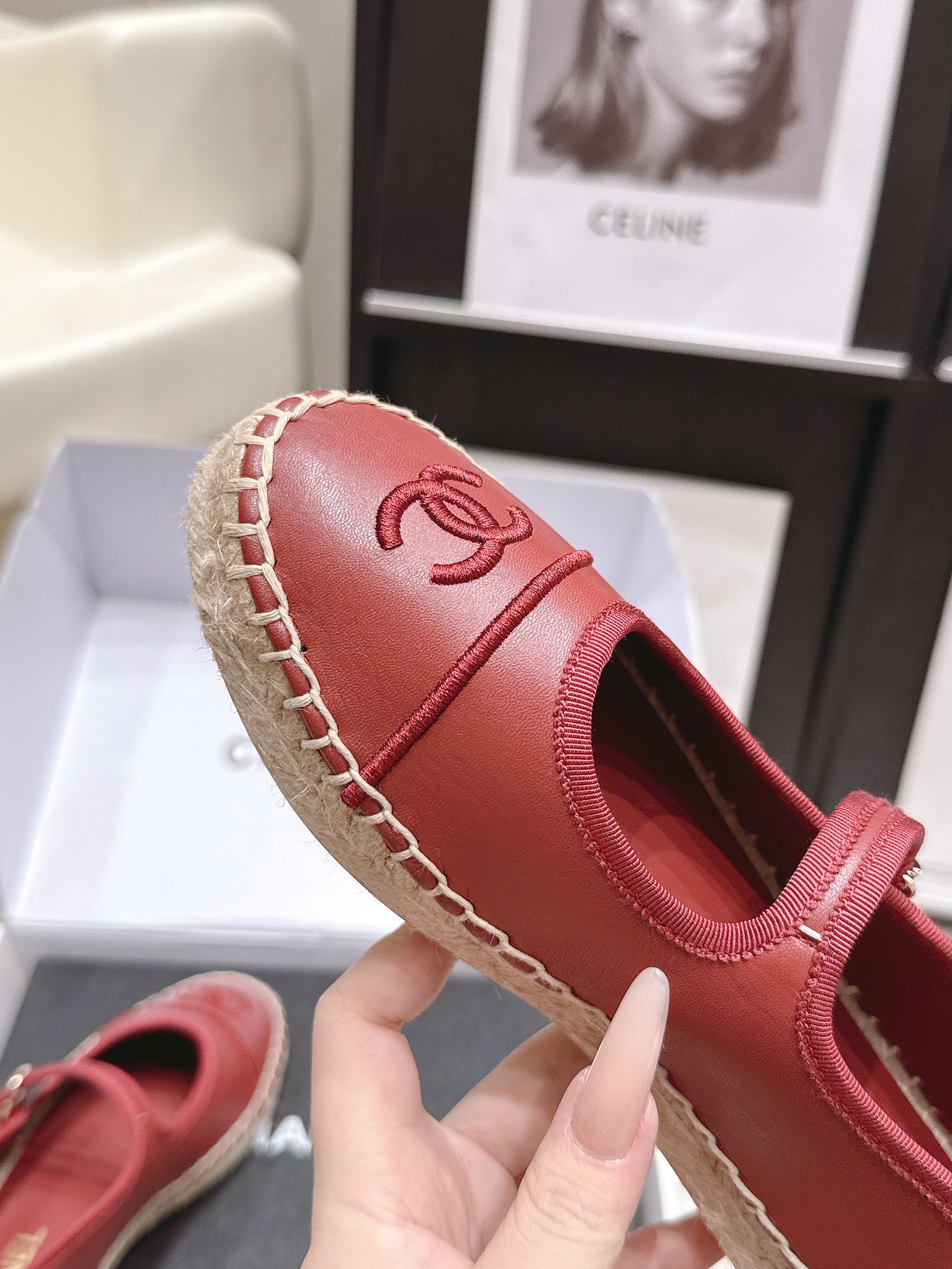 CHANEL 26S MARY JANE FLATS IN DARK RED LAMBSKIN ESPADRILLE SOLE
