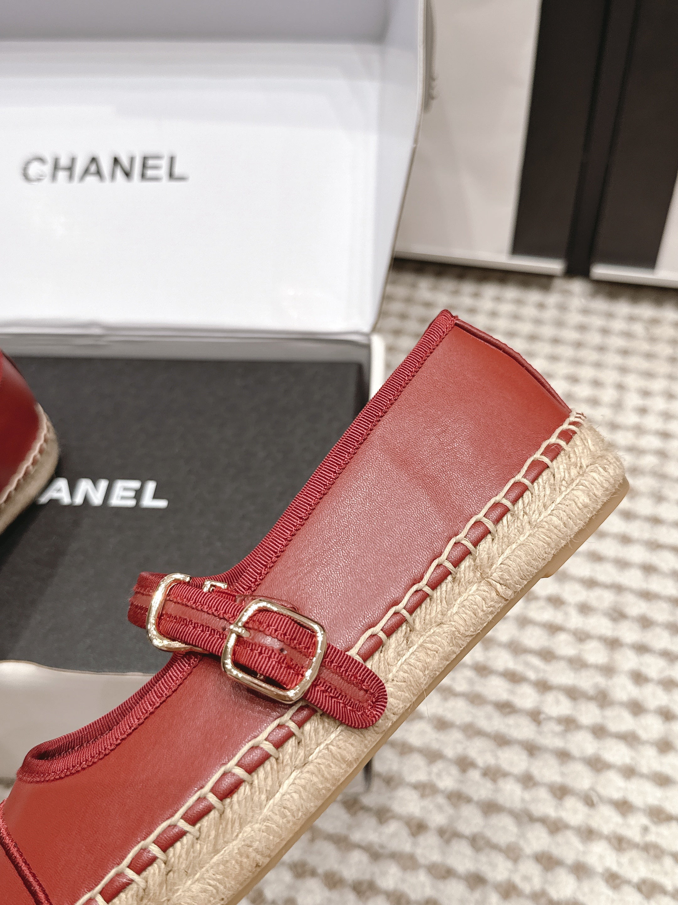 CHANEL 26S MARY JANE FLATS IN DARK RED LAMBSKIN ESPADRILLE SOLE