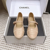 CHANEL 26S MARY JANE FLATS IN BEIGE LAMBSKIN ESPADRILLE SOLE