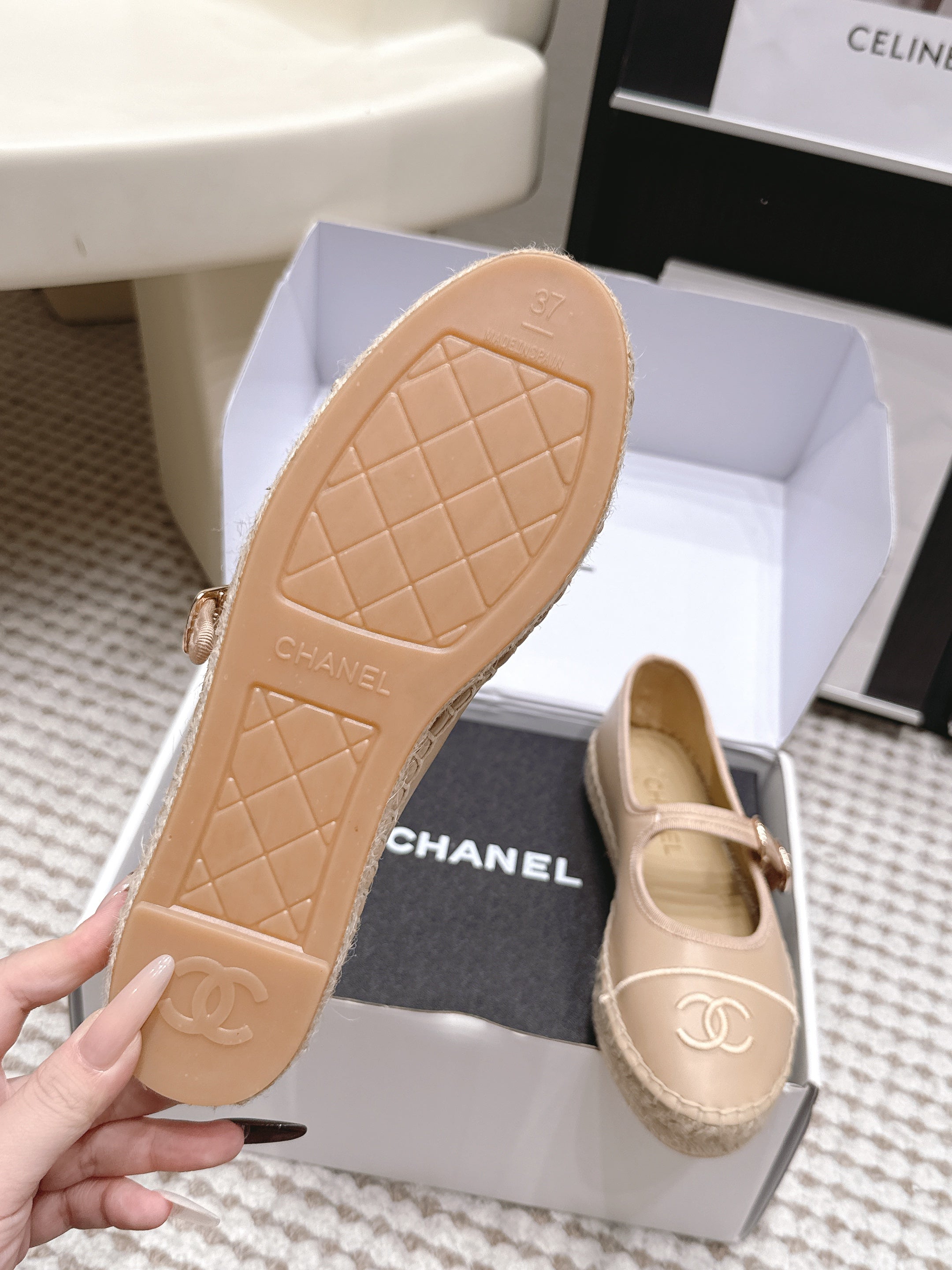 CHANEL 26S MARY JANE FLATS IN BEIGE LAMBSKIN ESPADRILLE SOLE