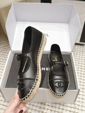 CHANEL 26S MARY JANE FLATS IN BLACK LAMBSKIN ESPADRILLE SOLE