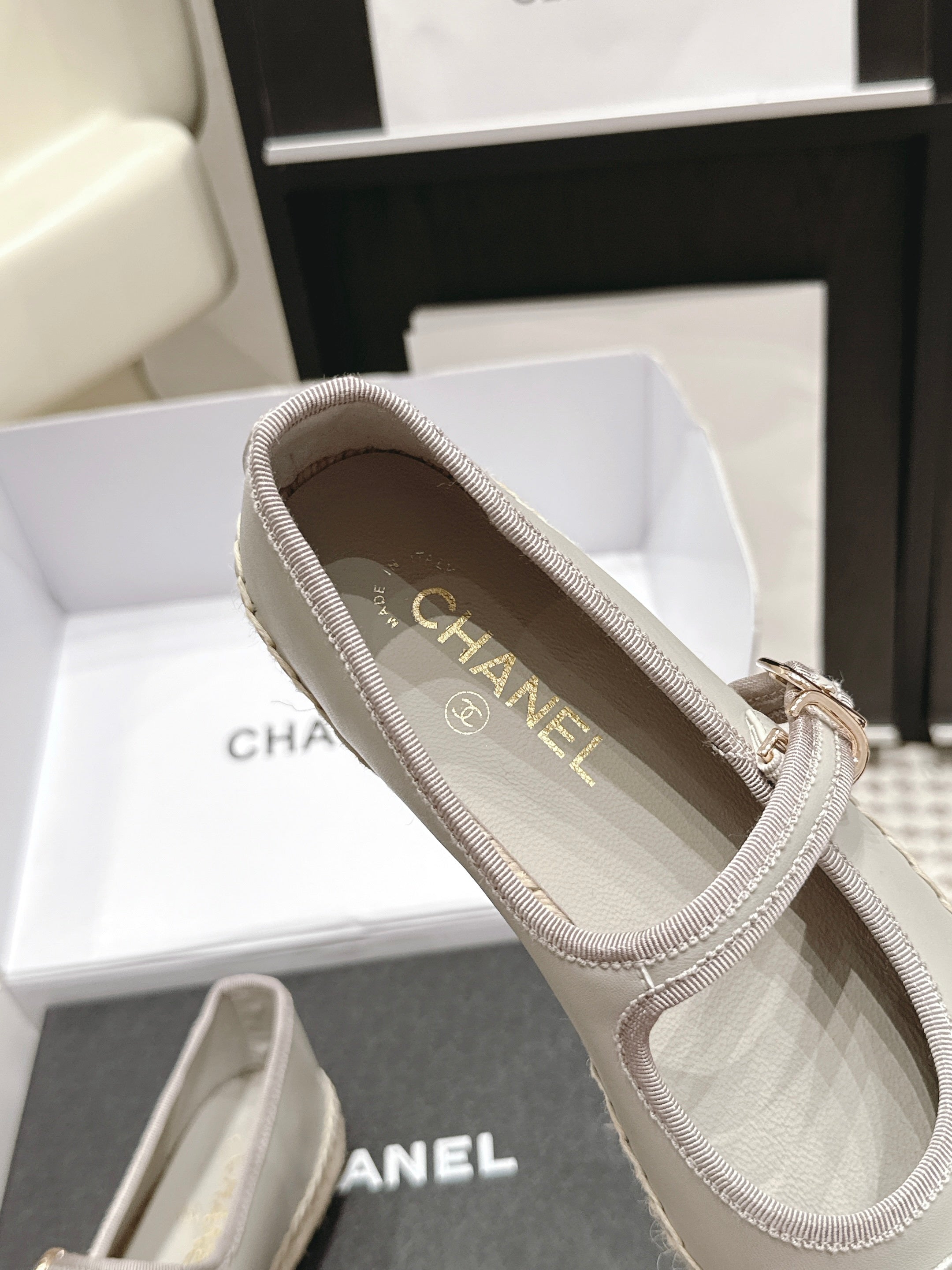CHANEL 26S MARY JANE FLATS IN GREY LAMBSKIN ESPADRILLE SOLE