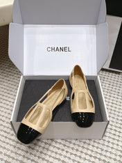 CHANEL 26S ROUND TOE MARY JANE FLATS IN OFF BEIGE CUTOUT CALFSKIN WITH BLACK PATENT TOE