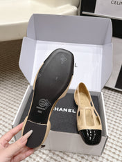 CHANEL 26S ROUND TOE MARY JANE FLATS IN OFF BEIGE CUTOUT CALFSKIN WITH BLACK PATENT TOE