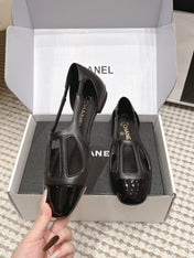 CHANEL 26S ROUND TOE MARY JANE FLATS IN BLACK CUTOUT CALFSKIN