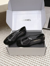 CHANEL 26S ROUND TOE MARY JANE FLATS IN BLACK CUTOUT CALFSKIN