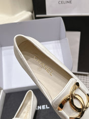 CHANEL 26S SQUARE TOE FLATS IN WHITE CALFSKIN WITH GOLD TONE CC LOGO