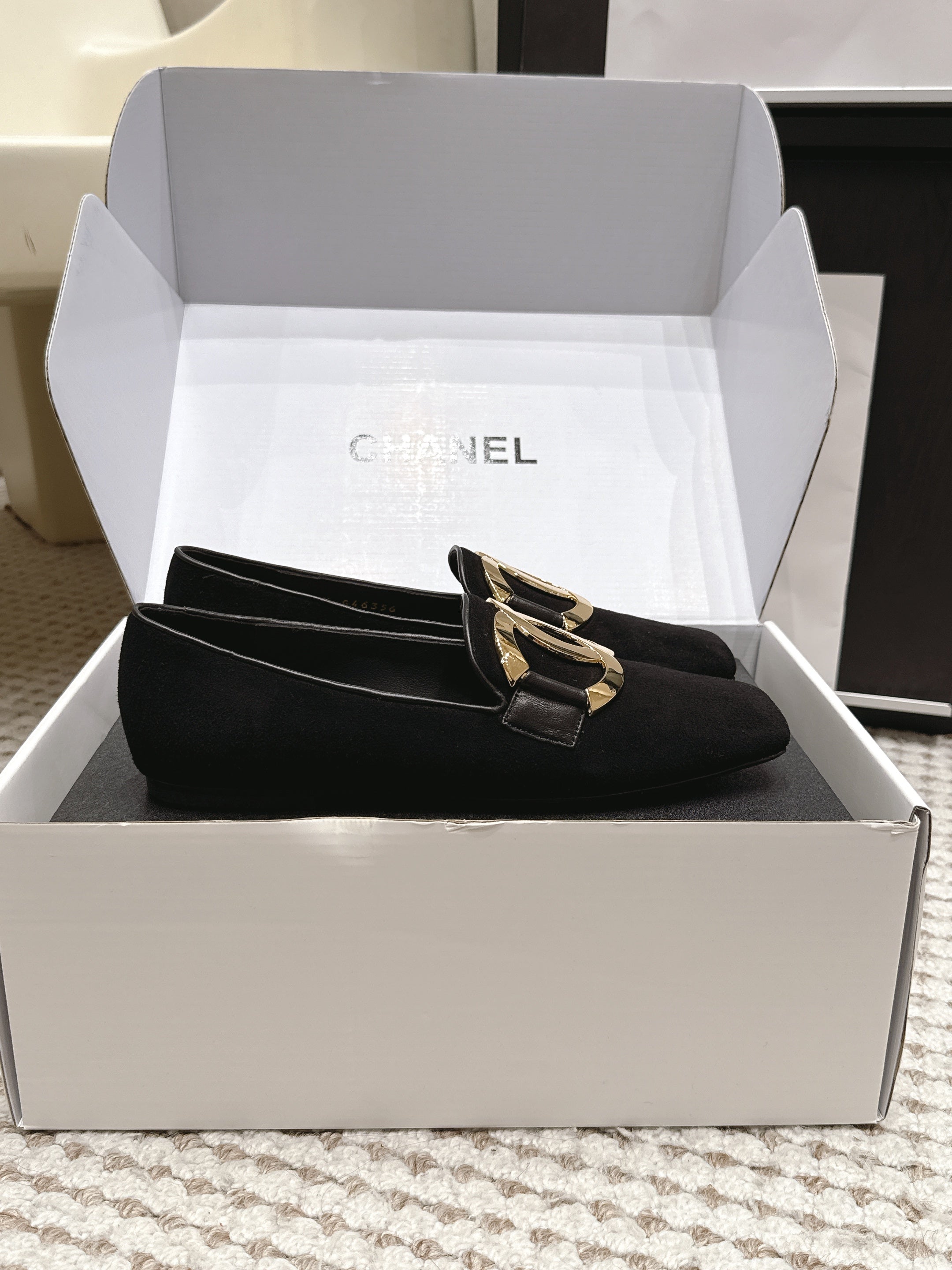 CHANEL 26S SQUARE TOE FLATS IN BLACK SUEDE WITH GOLD TONE CC LOGO