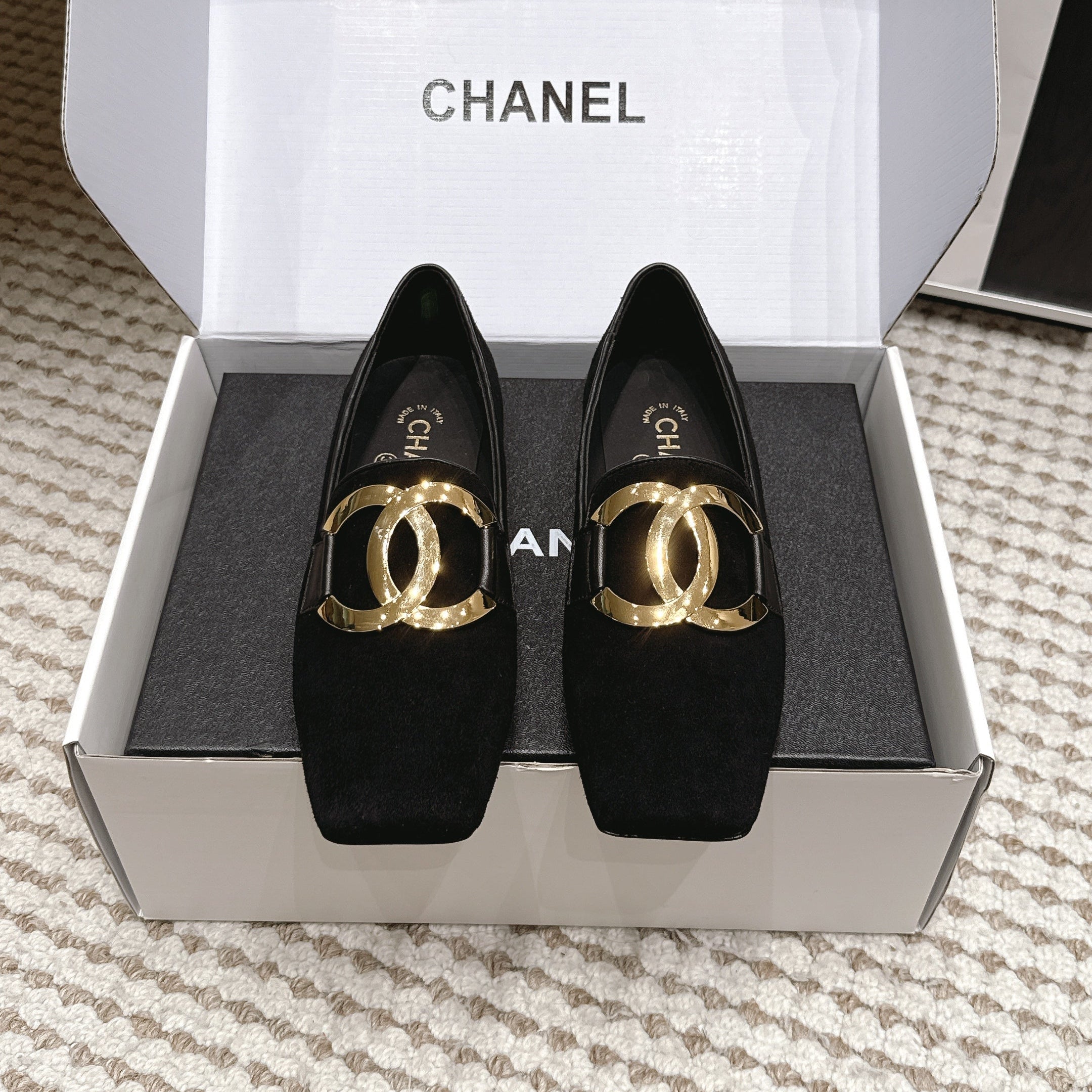 CHANEL 26S SQUARE TOE FLATS IN BLACK SUEDE WITH GOLD TONE CC LOGO
