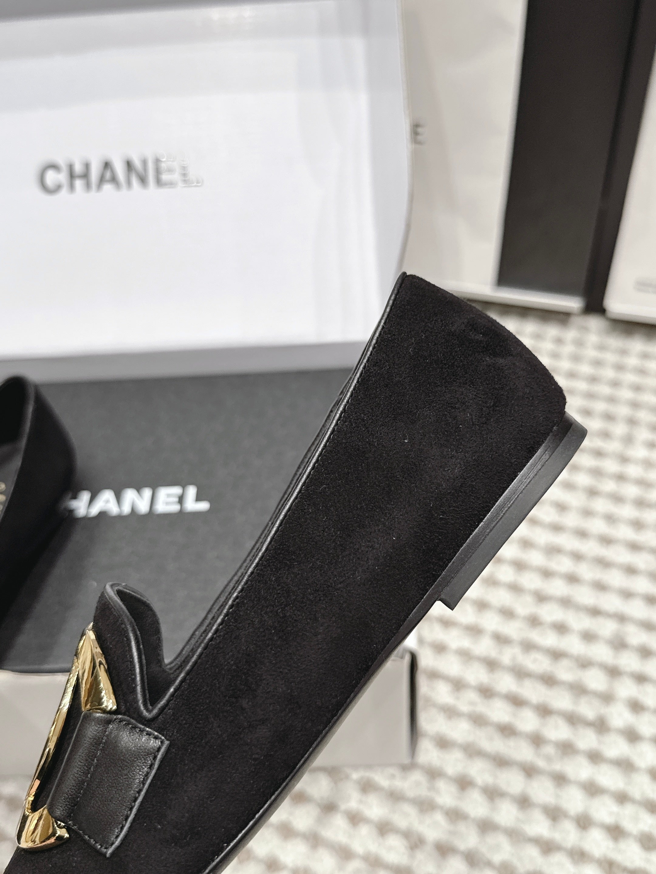 CHANEL 26S SQUARE TOE FLATS IN BLACK SUEDE WITH GOLD TONE CC LOGO