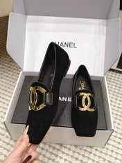 CHANEL 26S SQUARE TOE FLATS IN BLACK SUEDE WITH GOLD TONE CC LOGO