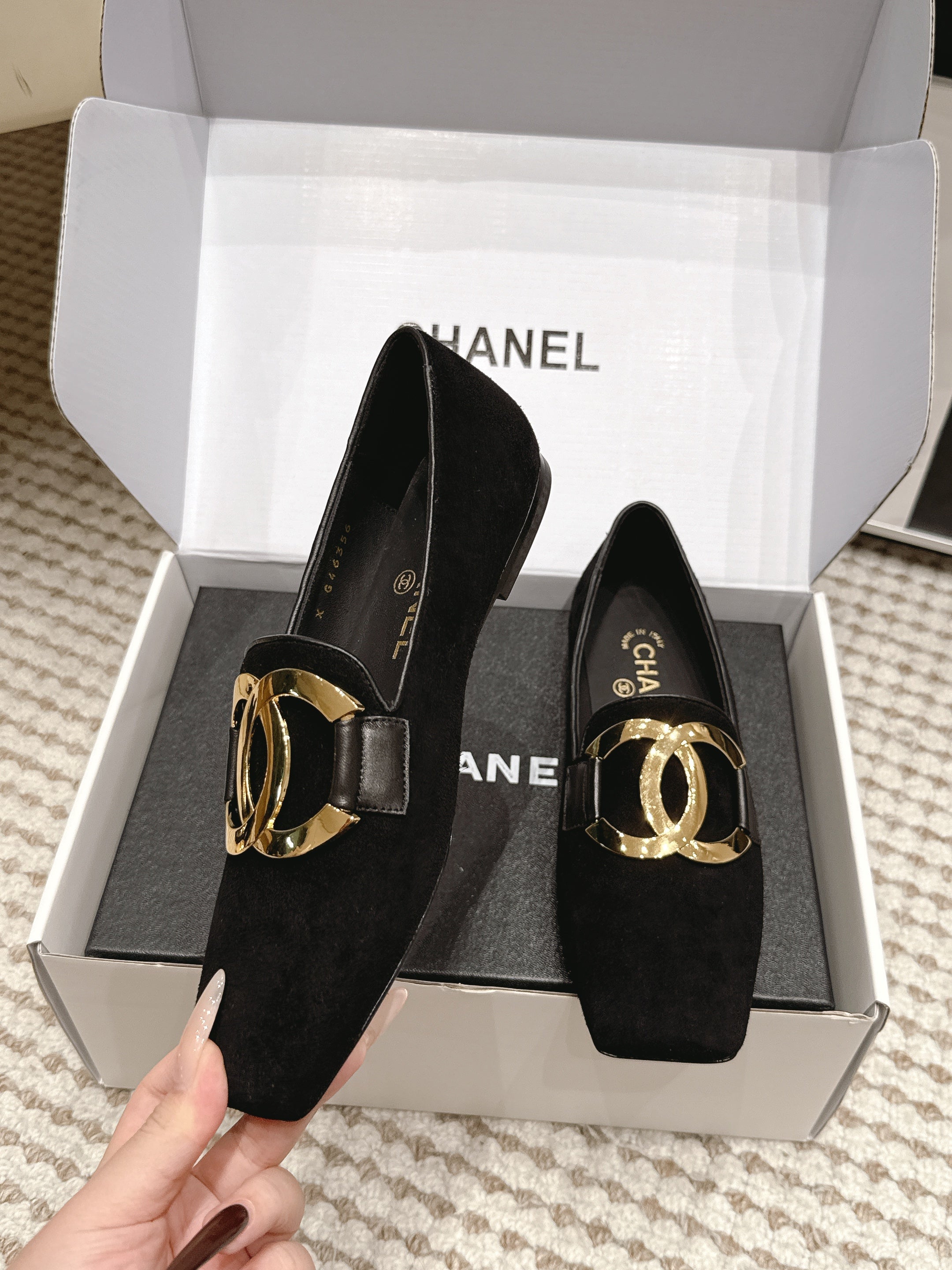 CHANEL 26S SQUARE TOE FLATS IN BLACK SUEDE WITH GOLD TONE CC LOGO