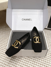 CHANEL 26S SQUARE TOE FLATS IN BLACK SUEDE WITH GOLD TONE CC LOGO