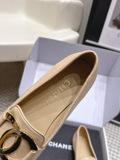 CHANEL 26S SQUARE TOE FLATS IN BEIGE CALFSKIN WITH GOLD TONE CC LOGO