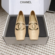 CHANEL 26S SQUARE TOE FLATS IN BEIGE CALFSKIN WITH GOLD TONE CC LOGO