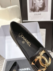 CHANEL 26S SQUARE TOE FLATS IN BLACK CALFSKIN WITH GOLD TONE CC LOGO