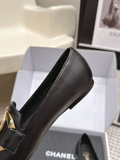 CHANEL 26S SQUARE TOE FLATS IN BLACK CALFSKIN WITH GOLD TONE CC LOGO