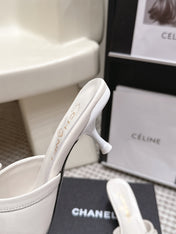 CHANEL 26S SQUARE TOE HIGH HEEL SANDALS IN OFF WHITE CALFSKIN