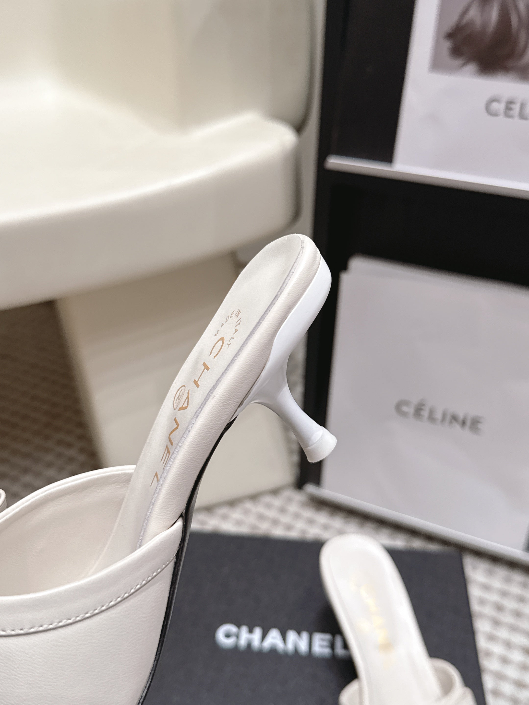 CHANEL 26S SQUARE TOE HIGH HEEL SANDALS IN OFF WHITE CALFSKIN
