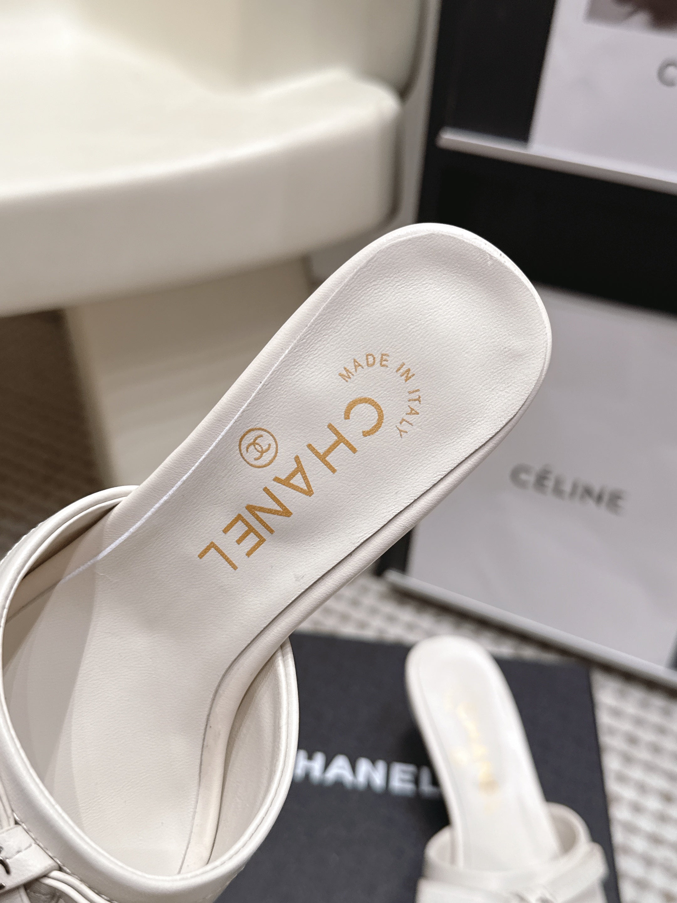 CHANEL 26S SQUARE TOE HIGH HEEL SANDALS IN OFF WHITE CALFSKIN