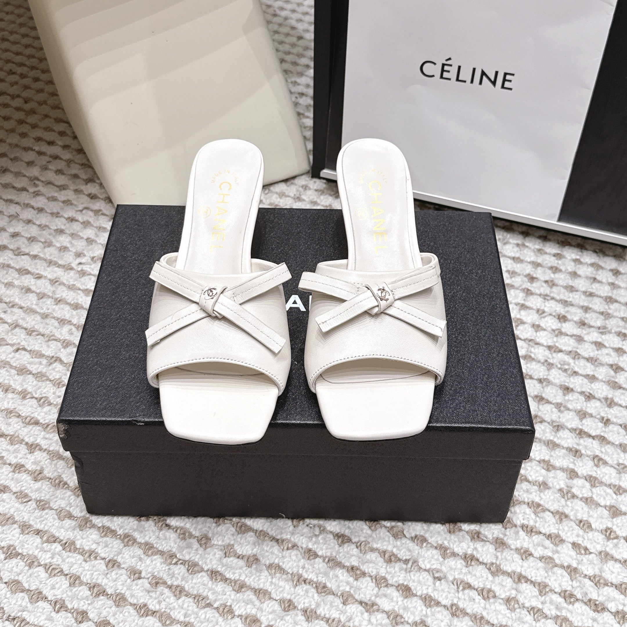 CHANEL 26S SQUARE TOE HIGH HEEL SANDALS IN OFF WHITE CALFSKIN