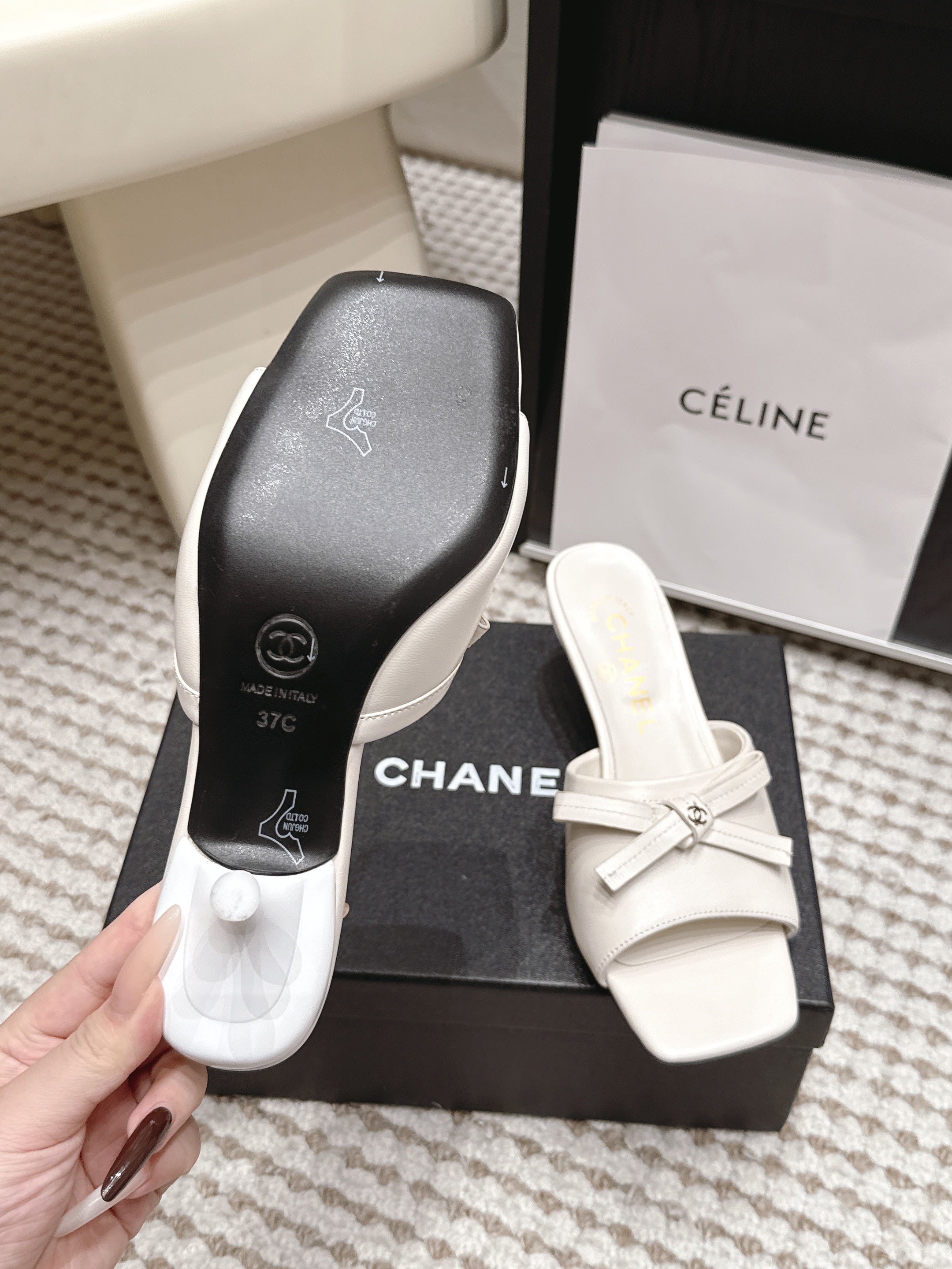 CHANEL 26S SQUARE TOE HIGH HEEL SANDALS IN OFF WHITE CALFSKIN