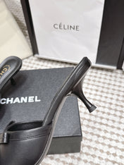 CHANEL 26S SQUARE TOE HIGH HEEL SANDALS IN BLACK CALFSKIN