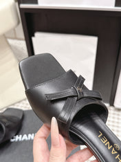 CHANEL 26S SQUARE TOE HIGH HEEL SANDALS IN BLACK CALFSKIN