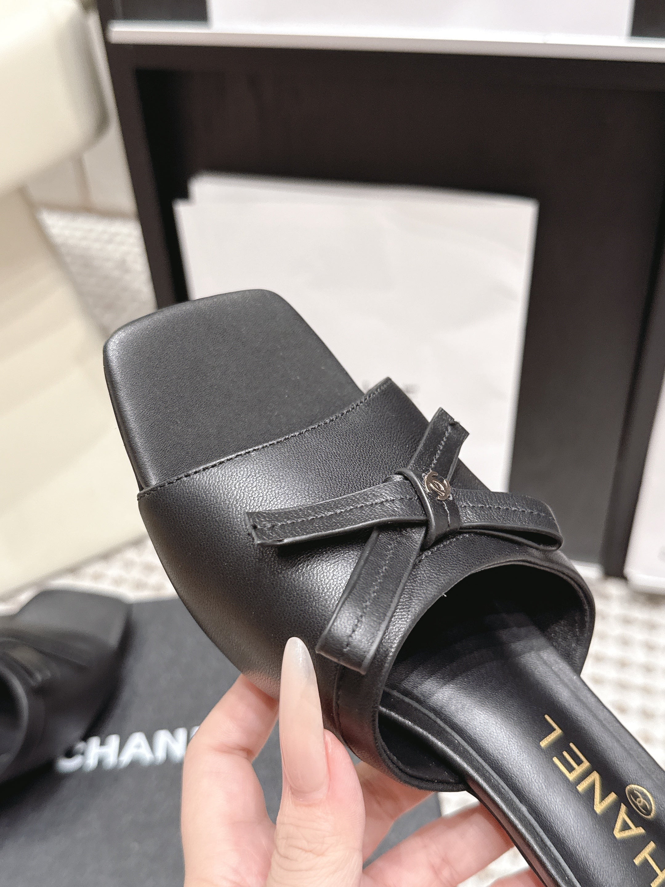 CHANEL 26S SQUARE TOE HIGH HEEL SANDALS IN BLACK CALFSKIN