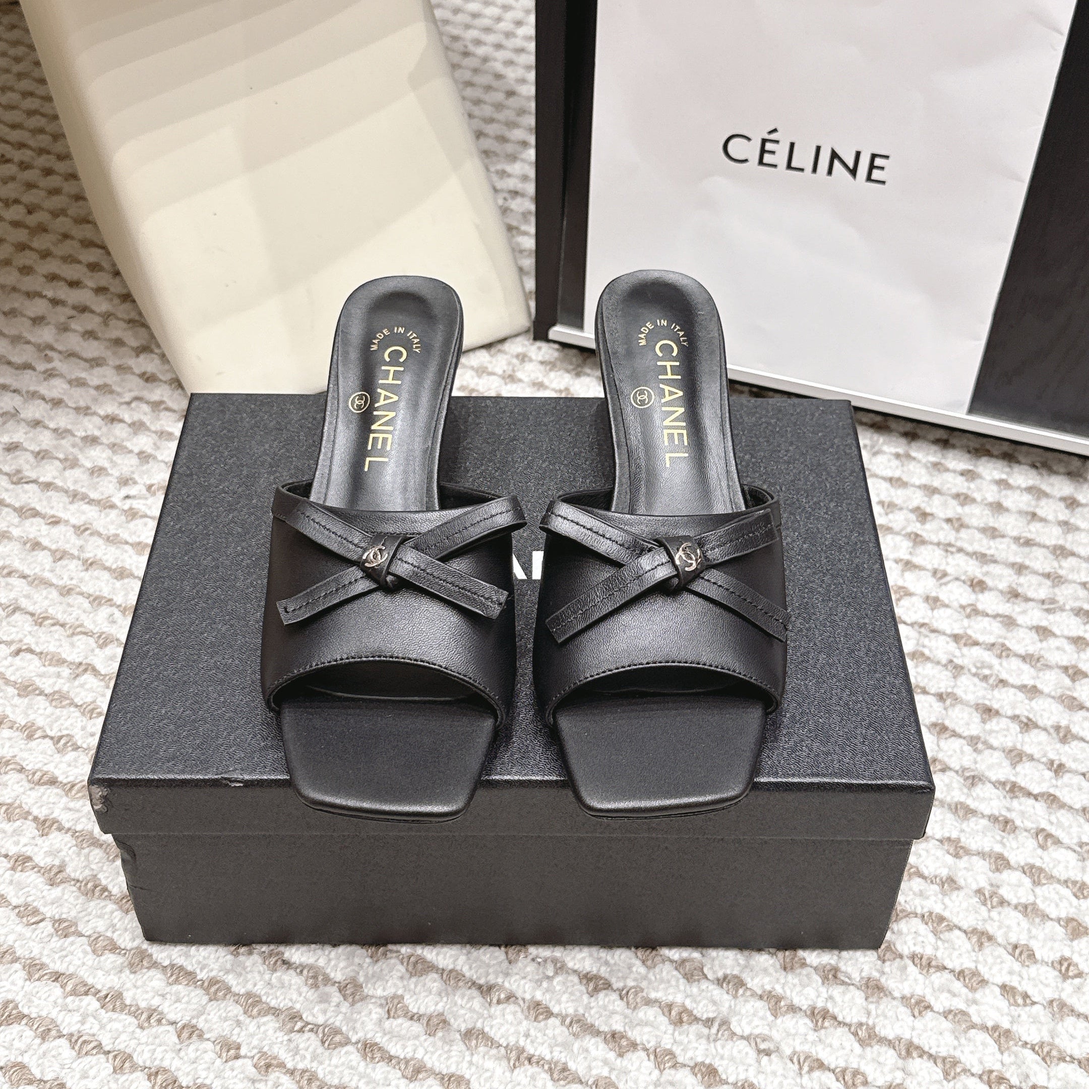 CHANEL 26S SQUARE TOE HIGH HEEL SANDALS IN BLACK CALFSKIN