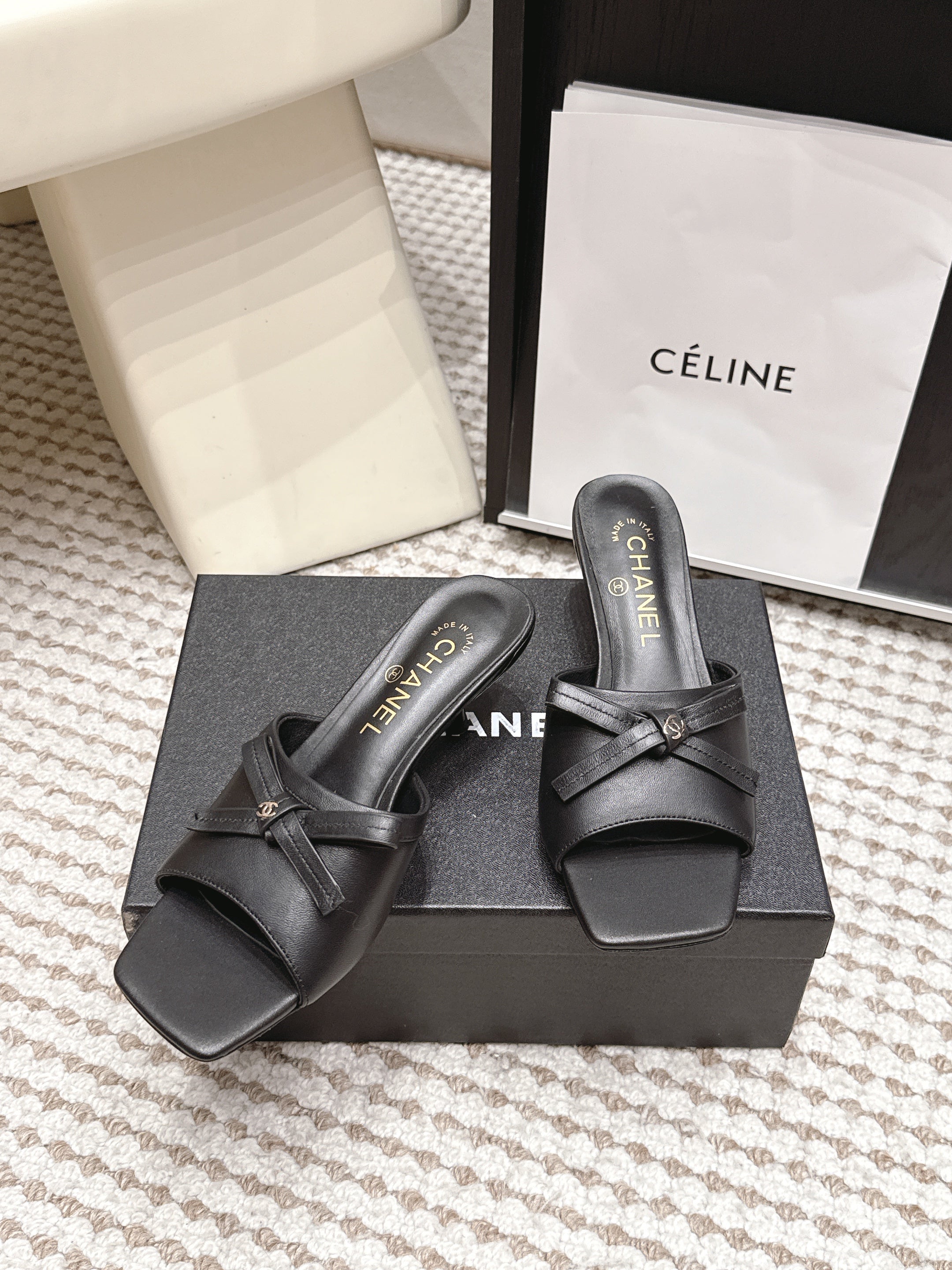 CHANEL 26S SQUARE TOE HIGH HEEL SANDALS IN BLACK CALFSKIN