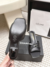 CHANEL 26S SQUARE TOE HIGH HEEL SANDALS IN BLACK CALFSKIN