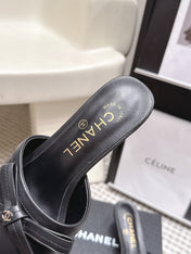 CHANEL 26S SQUARE TOE HIGH HEEL SANDALS IN BLACK CALFSKIN