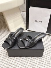 CHANEL 26S SQUARE TOE HIGH HEEL SANDALS IN BLACK CALFSKIN