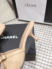 CHANEL 26S SQUARE TOE HIGH HEEL SANDALS IN BEIGE CALFSKIN