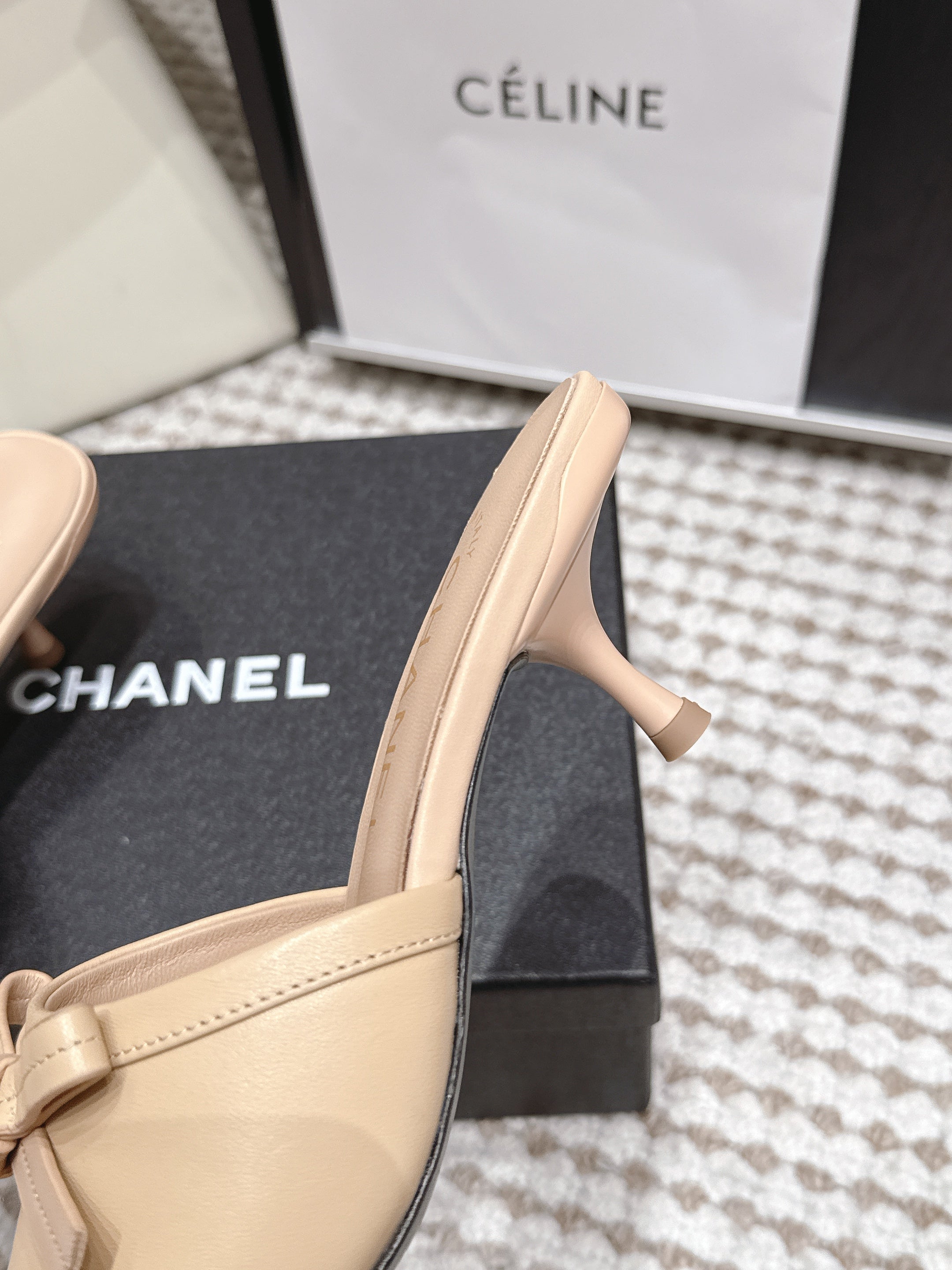 CHANEL 26S SQUARE TOE HIGH HEEL SANDALS IN BEIGE CALFSKIN