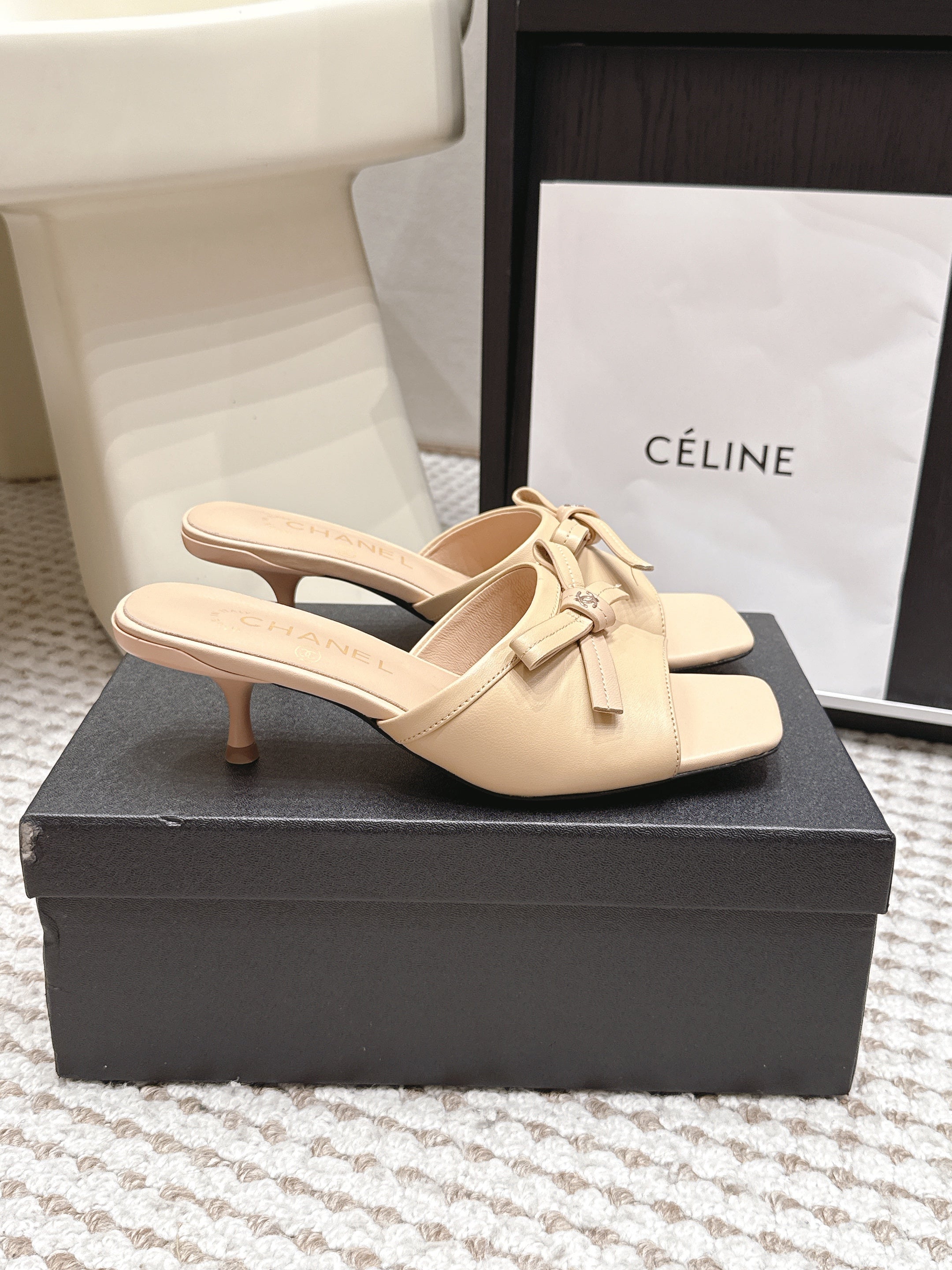 CHANEL 26S SQUARE TOE HIGH HEEL SANDALS IN BEIGE CALFSKIN