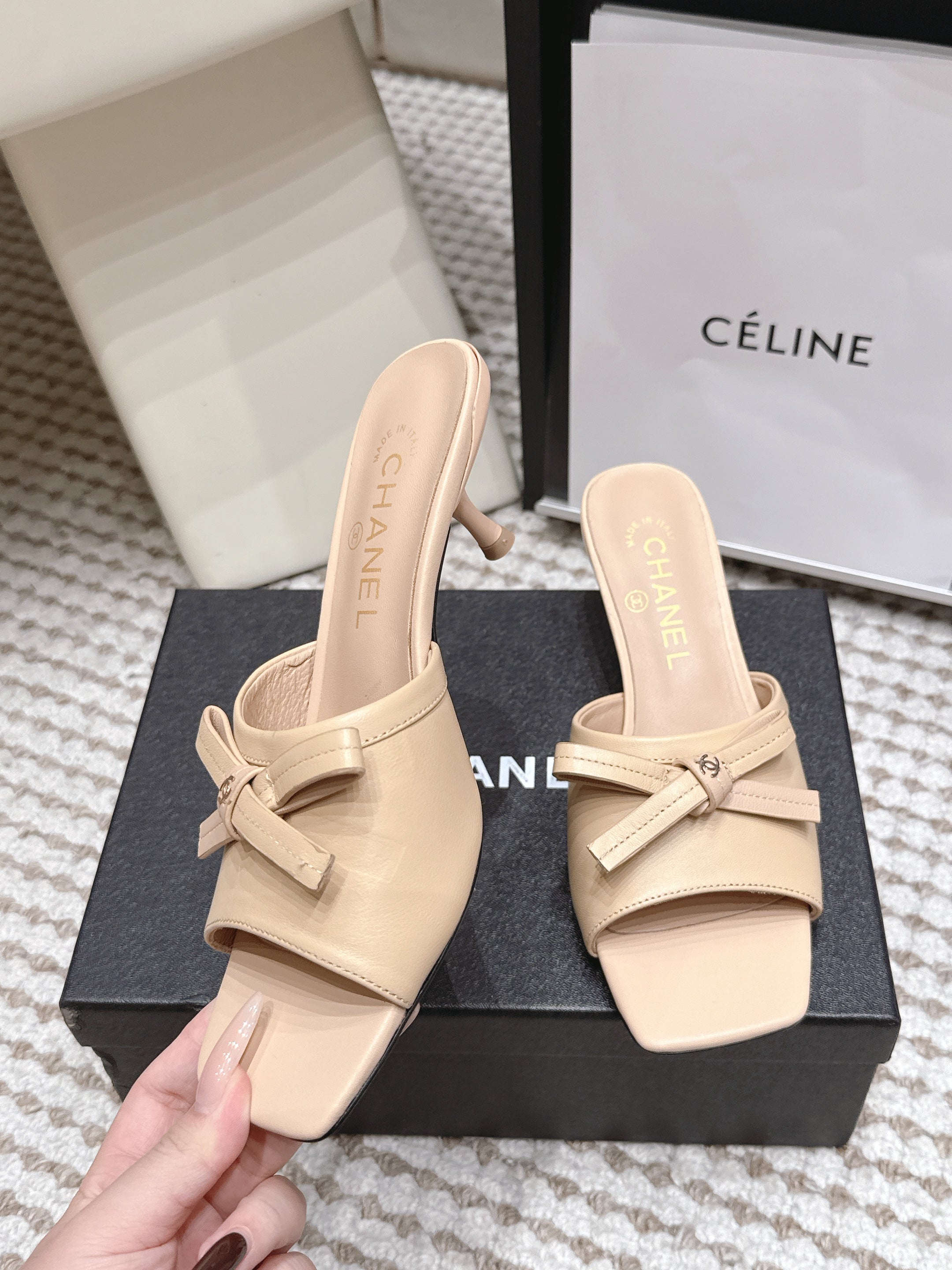 CHANEL 26S SQUARE TOE HIGH HEEL SANDALS IN BEIGE CALFSKIN