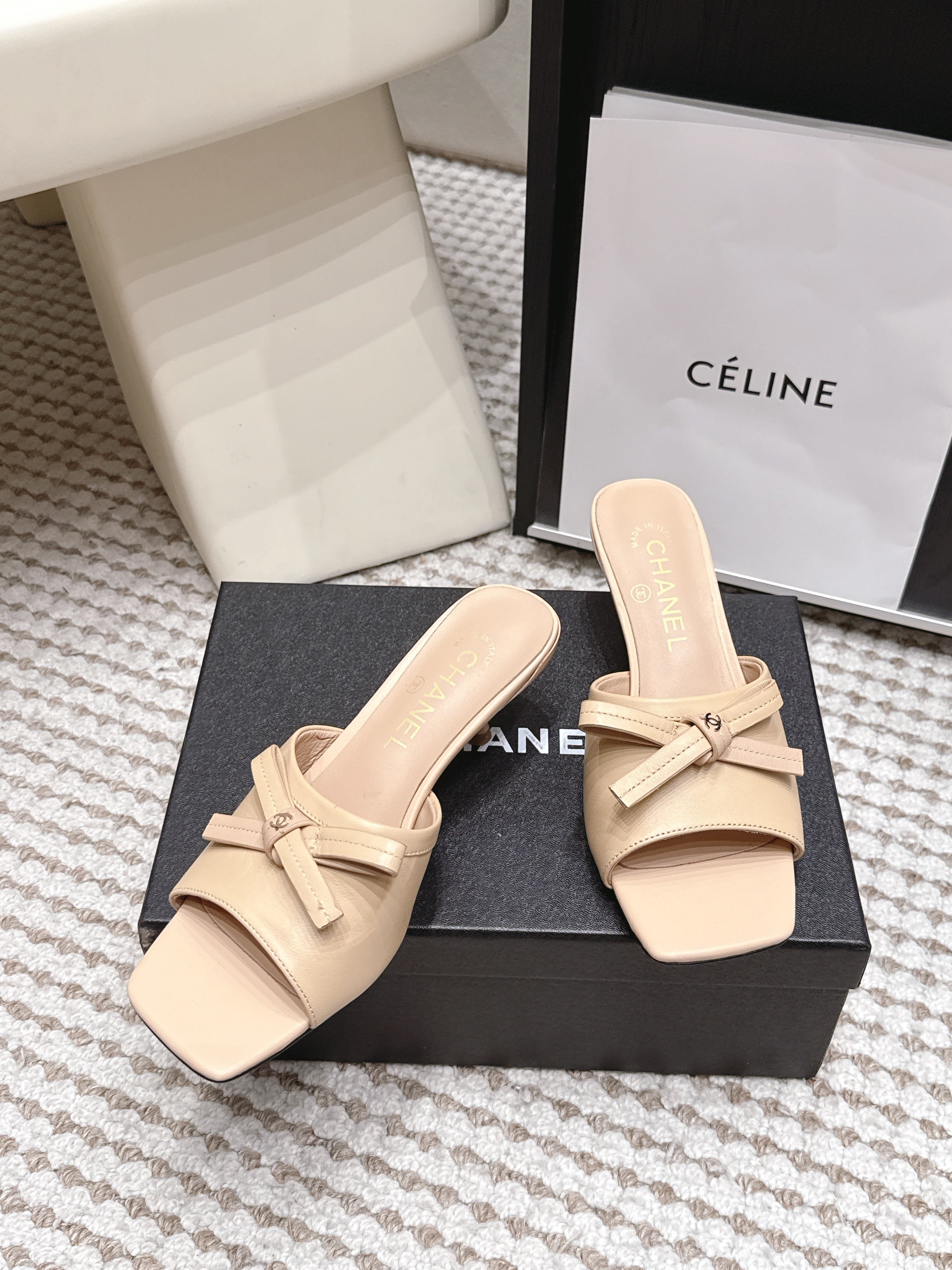 CHANEL 26S SQUARE TOE HIGH HEEL SANDALS IN BEIGE CALFSKIN