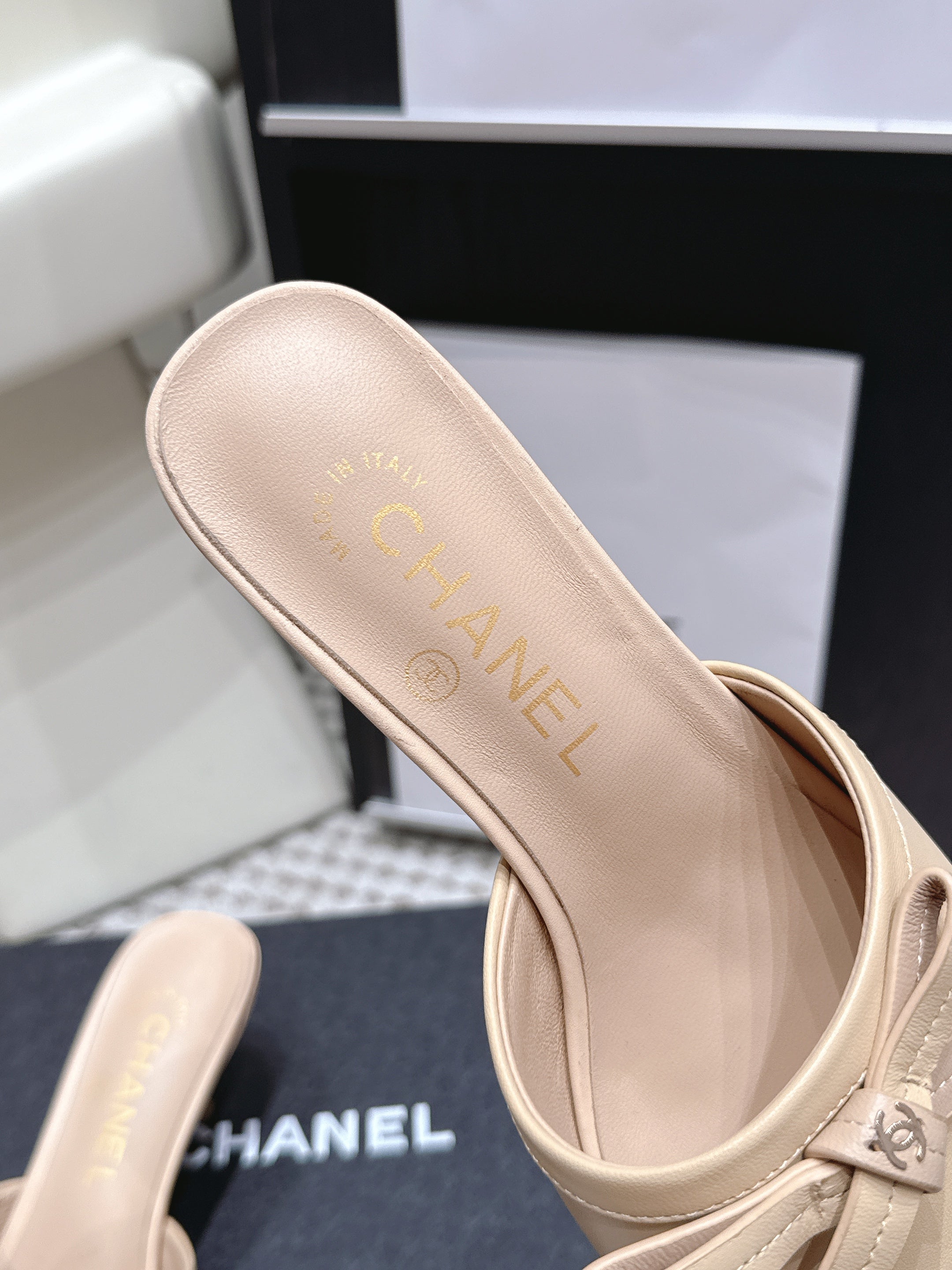 CHANEL 26S SQUARE TOE HIGH HEEL SANDALS IN BEIGE CALFSKIN